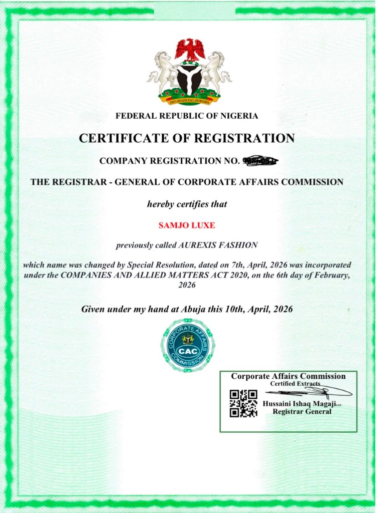 SAMJO LUXE CAC Company Registration Certificate Nigeria
